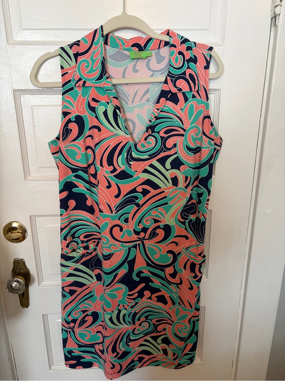 Katherine Way Coral, Teal & Navy Printed V-Neck Dress